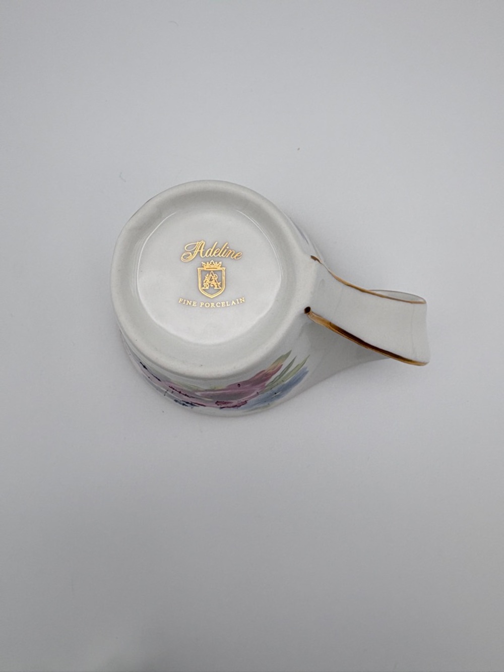 Adeline Fine Porcelain Teacup Saucer Spoon Set Pansy Gold Trim 3pc - Picture 13 of 15